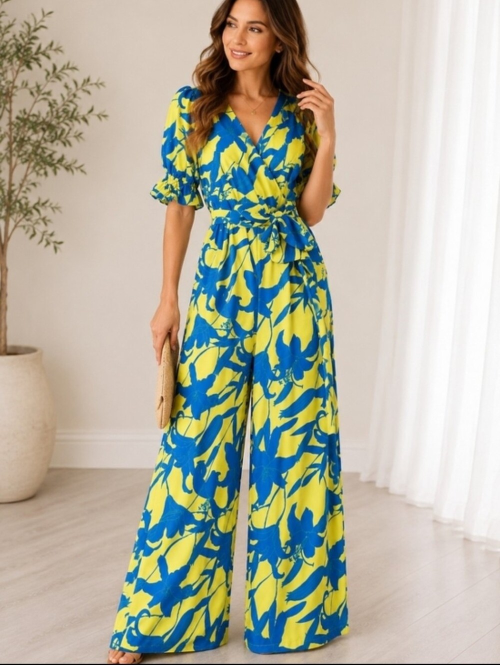 Echo Blue Floral Wrap Jumpsuit on Lime